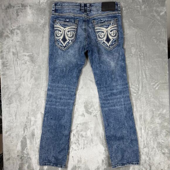 Affliction Gage Jeans Mens 34x33 Blue Embroidered Distressed Straight Acid Wash
